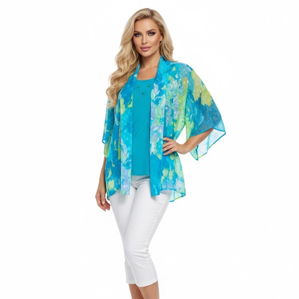 Two Piece Set Floral Blue and Green Kimono Cardigan and T-Shirt